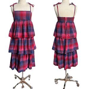 70s vintage tiered boho dress tent shift sleeveless tie strap midi plaid ruffle.